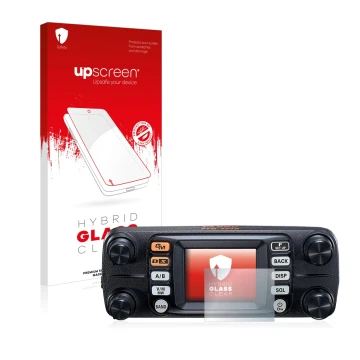 Parte frontale di una confezione del prodotto con il logo del marchio upscreen. Accanto è raffigurato il dispositivo Yaesu FTM