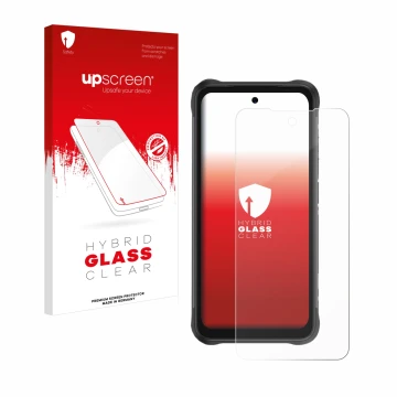 Parte frontale di una confezione del prodotto con il logo del marchio upscreen. Accanto è raffigurato il dispositivo Umidigi B