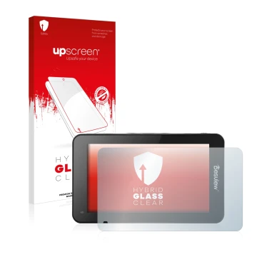 Parte frontale di una confezione del prodotto con il logo del marchio upscreen. Accanto è raffigurato il dispositivo Desview R