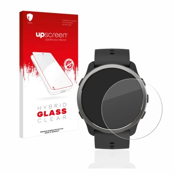 Parte frontale di una confezione del prodotto con il logo del marchio upscreen. Accanto è raffigurato il dispositivo Suunto 5 