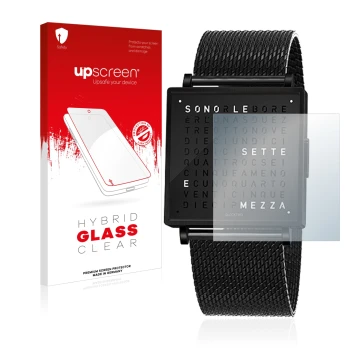 Parte frontale di una confezione del prodotto con il logo del marchio upscreen. Accanto è raffigurato il dispositivo Qlocktwo 