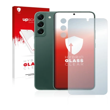 Parte frontale di una confezione del prodotto con il logo del marchio upscreen. Accanto è raffigurato il dispositivo Samsung G