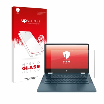 Parte frontale di una confezione del prodotto con il logo del marchio upscreen. Accanto è raffigurato il dispositivo HP Chrome