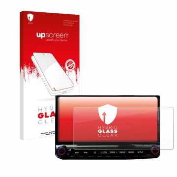 Parte frontale di una confezione del prodotto con il logo del marchio upscreen. Accanto è raffigurato il dispositivo Kia Ceed 