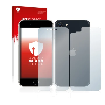 Parte frontale di una confezione del prodotto con il logo del marchio upscreen. Accanto è raffigurato il dispositivo Apple iPh