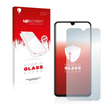 Parte frontale di una confezione del prodotto con il logo del marchio upscreen. Accanto è raffigurato il dispositivo Samsung G