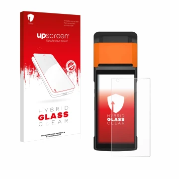 Parte frontale di una confezione del prodotto con il logo del marchio upscreen. Accanto è raffigurato il dispositivo Sunmi V2s