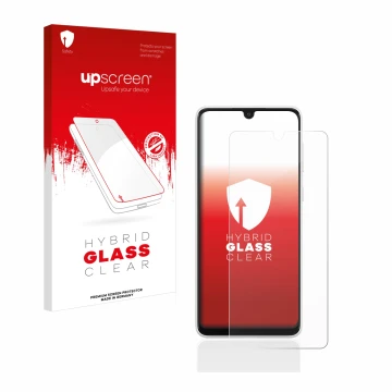 Parte frontale di una confezione del prodotto con il logo del marchio upscreen. Accanto è raffigurato il dispositivo Samsung G