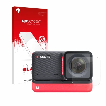 Parte frontale di una confezione del prodotto con il logo del marchio upscreen. Accanto è raffigurato il dispositivo Insta360 