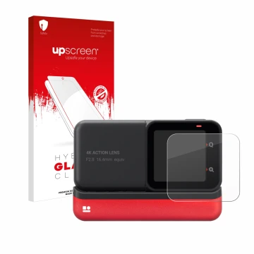 Parte frontale di una confezione del prodotto con il logo del marchio upscreen. Accanto è raffigurato il dispositivo Insta360 