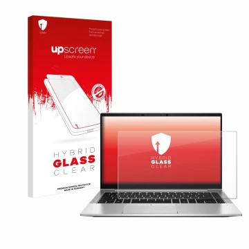 Parte frontale di una confezione del prodotto con il logo del marchio upscreen. Accanto è raffigurato il dispositivo HP EliteB