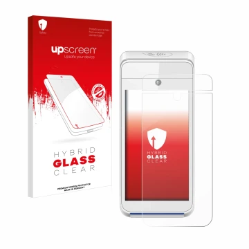 Parte frontale di una confezione del prodotto con il logo del marchio upscreen. Accanto è raffigurato il dispositivo Pax A920 