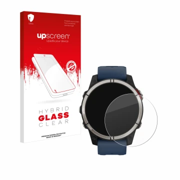 Parte frontale di una confezione del prodotto con il logo del marchio upscreen. Accanto è raffigurato il dispositivo Garmin qu