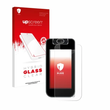 Parte frontale di una confezione del prodotto con il logo del marchio upscreen. Accanto è raffigurato il dispositivo Vtech Kid