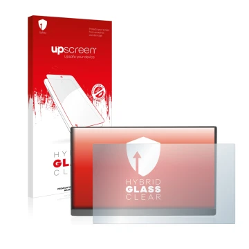 Parte frontale di una confezione del prodotto con il logo del marchio upscreen. Accanto è raffigurato il dispositivo Arzopa 15