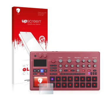 Parte frontale di una confezione del prodotto con il logo del marchio upscreen. Accanto è raffigurato il dispositivo KORG elec