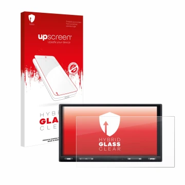 Parte frontale di una confezione del prodotto con il logo del marchio upscreen. Accanto è raffigurato il dispositivo Sony XAV-