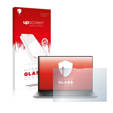 Parte frontale di una confezione del prodotto con il logo del marchio upscreen. Accanto è raffigurato il dispositivo Dell XPS 