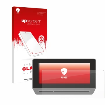 Parte frontale di una confezione del prodotto con il logo del marchio upscreen. Accanto è raffigurato il dispositivo Seat Leon