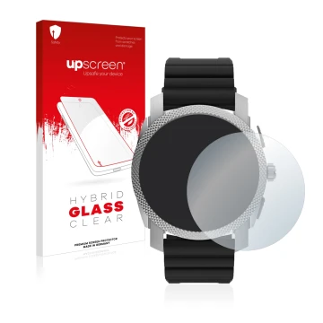 Parte frontale di una confezione del prodotto con il logo del marchio upscreen. Accanto è raffigurato il dispositivo Fossil Ge