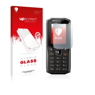 Parte frontale di una confezione del prodotto con il logo del marchio upscreen. Accanto è raffigurato il dispositivo Crosscall