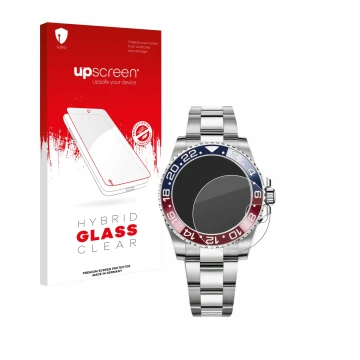 Parte frontale di una confezione del prodotto con il logo del marchio upscreen. Accanto è raffigurato il dispositivo Rolex GMT