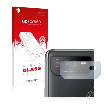 Parte frontale di una confezione del prodotto con il logo del marchio upscreen. Accanto è raffigurato il dispositivo ASUS ROG 