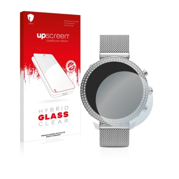 Parte frontale di una confezione del prodotto con il logo del marchio upscreen. Accanto è raffigurato il dispositivo Fossil St