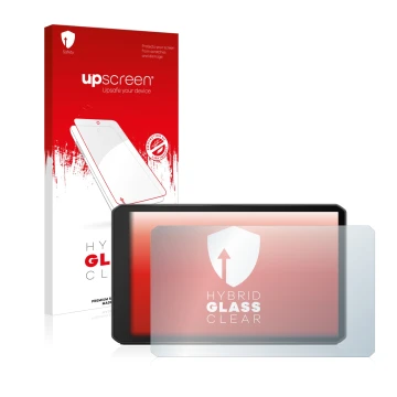 Parte frontale di una confezione del prodotto con il logo del marchio upscreen. Accanto è raffigurato il dispositivo Garmin de