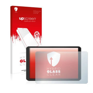 Parte frontale di una confezione del prodotto con il logo del marchio upscreen. Accanto è raffigurato il dispositivo Garmin de