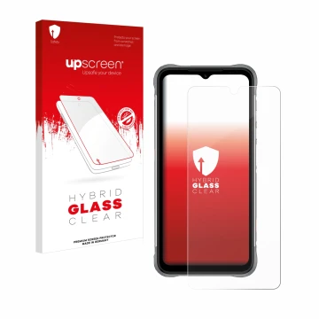 Parte frontale di una confezione del prodotto con il logo del marchio upscreen. Accanto è raffigurato il dispositivo Umidigi B