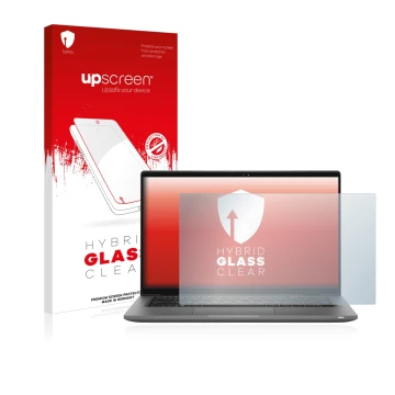 Parte frontale di una confezione del prodotto con il logo del marchio upscreen. Accanto è raffigurato il dispositivo Dell Lati