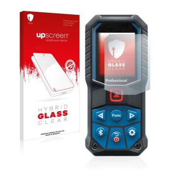 Parte frontale di una confezione del prodotto con il logo del marchio upscreen. Accanto è raffigurato il dispositivo Bosch GLM