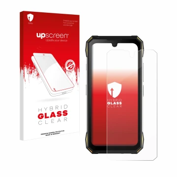 Parte frontale di una confezione del prodotto con il logo del marchio upscreen. Accanto è raffigurato il dispositivo Doogee S8
