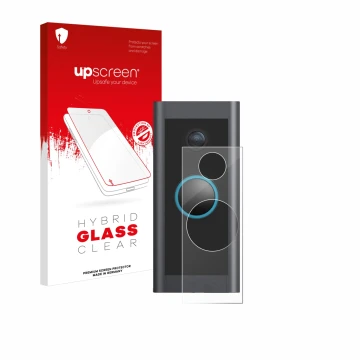 Parte frontale di una confezione del prodotto con il logo del marchio upscreen. Accanto è raffigurato il dispositivo Ring Vide