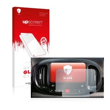 Parte frontale di una confezione del prodotto con il logo del marchio upscreen. Accanto è raffigurato il dispositivo Fiat 500L