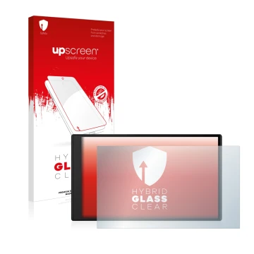Parte frontale di una confezione del prodotto con il logo del marchio upscreen. Accanto è raffigurato il dispositivo Garmin Dr