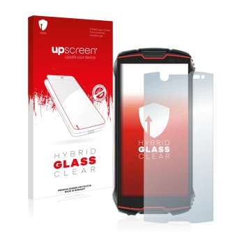 Parte frontale di una confezione del prodotto con il logo del marchio upscreen. Accanto è raffigurato il dispositivo Cubot Kin