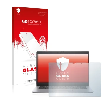 Parte frontale di una confezione del prodotto con il logo del marchio upscreen. Accanto è raffigurato il dispositivo Dell Lati