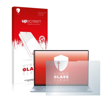Parte frontale di una confezione del prodotto con il logo del marchio upscreen. Accanto è raffigurato il dispositivo Dell XPS 