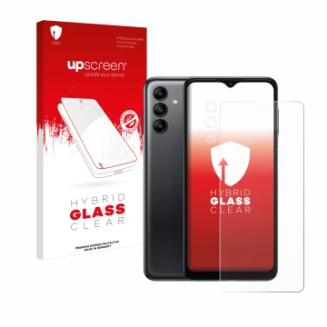 Parte frontale di una confezione del prodotto con il logo del marchio upscreen. Accanto è raffigurato il dispositivo Samsung G