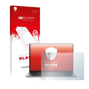 Parte frontale di una confezione del prodotto con il logo del marchio upscreen. Accanto è raffigurato il dispositivo Dell XPS 
