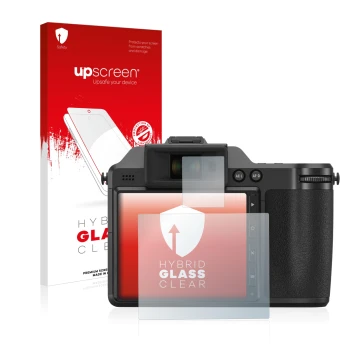 Parte frontale di una confezione del prodotto con il logo del marchio upscreen. Accanto è raffigurato il dispositivo Fujifilm 