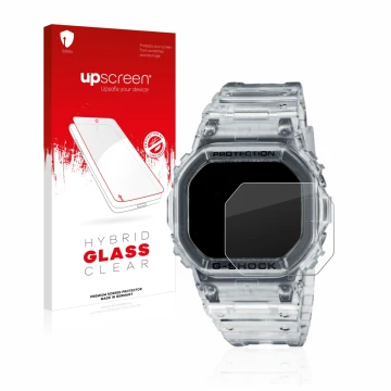 Parte frontale di una confezione del prodotto con il logo del marchio upscreen. Accanto è raffigurato il dispositivo Casio G-S