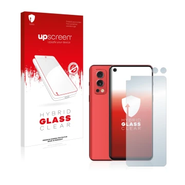 Parte frontale di una confezione del prodotto con il logo del marchio upscreen. Accanto è raffigurato il dispositivo OnePlus N