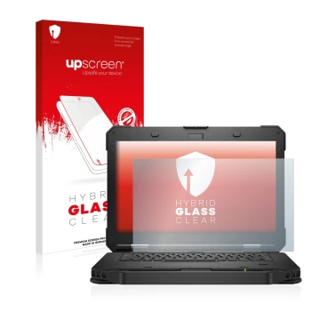 Parte frontale di una confezione del prodotto con il logo del marchio upscreen. Accanto è raffigurato il dispositivo Dell Lati