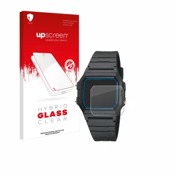 Parte frontale di una confezione del prodotto con il logo del marchio upscreen. Accanto è raffigurato il dispositivo Casio F-1