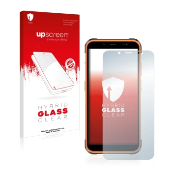 Parte frontale di una confezione del prodotto con il logo del marchio upscreen. Accanto è raffigurato il dispositivo Ulefone P