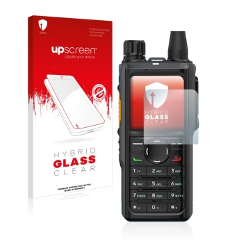 Parte frontale di una confezione del prodotto con il logo del marchio upscreen. Accanto è raffigurato il dispositivo Hytera HP