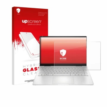 Parte frontale di una confezione del prodotto con il logo del marchio upscreen. Accanto è raffigurato il dispositivo HP Pavili
